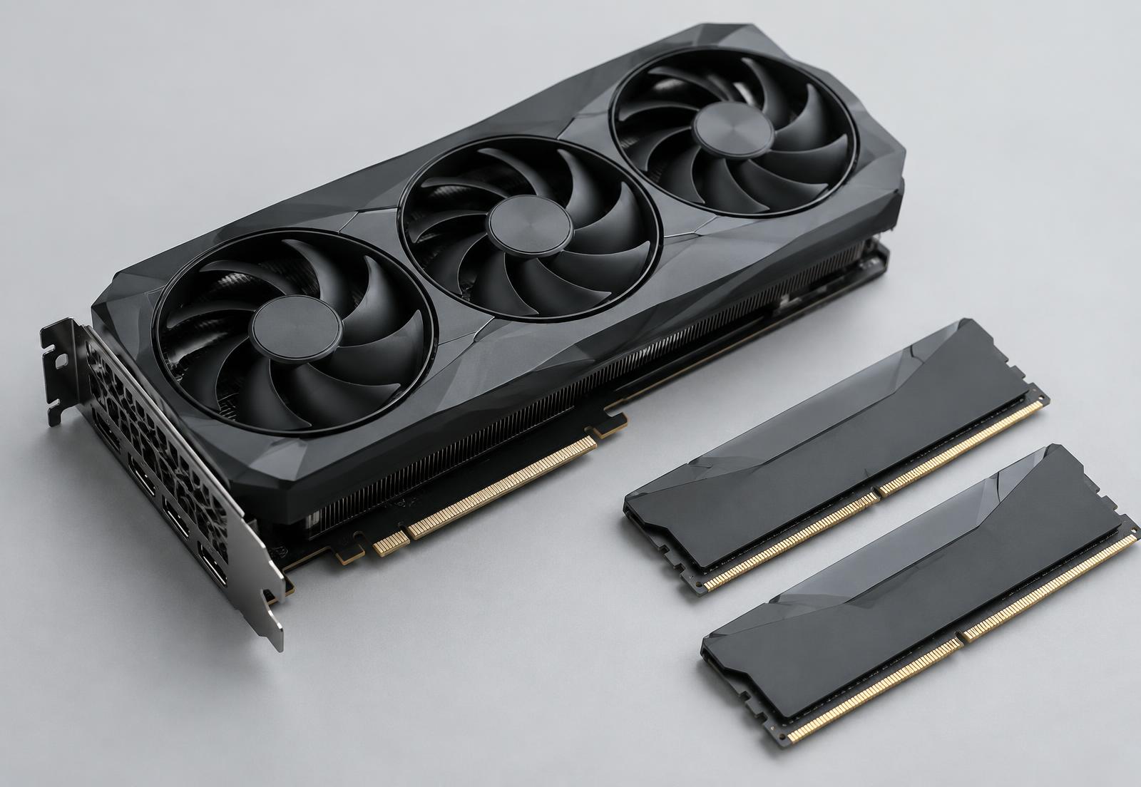 Graphics cards and memory modules laid out for inspection