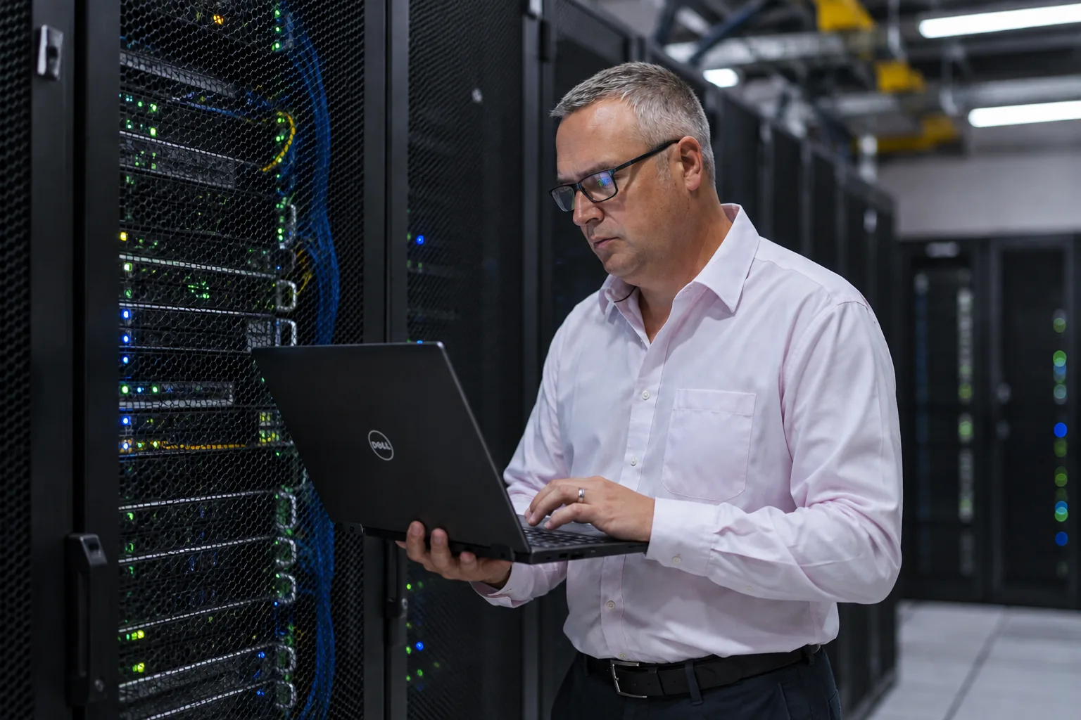 Nick from Keyzone with a laptop beside server racks