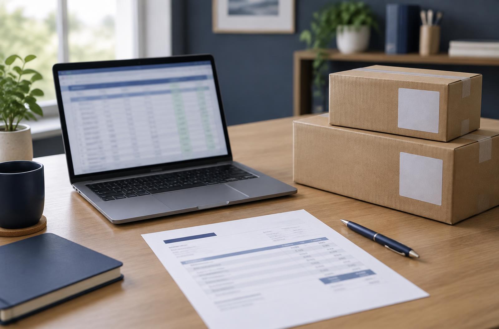 Procurement paperwork and a laptop on a desk