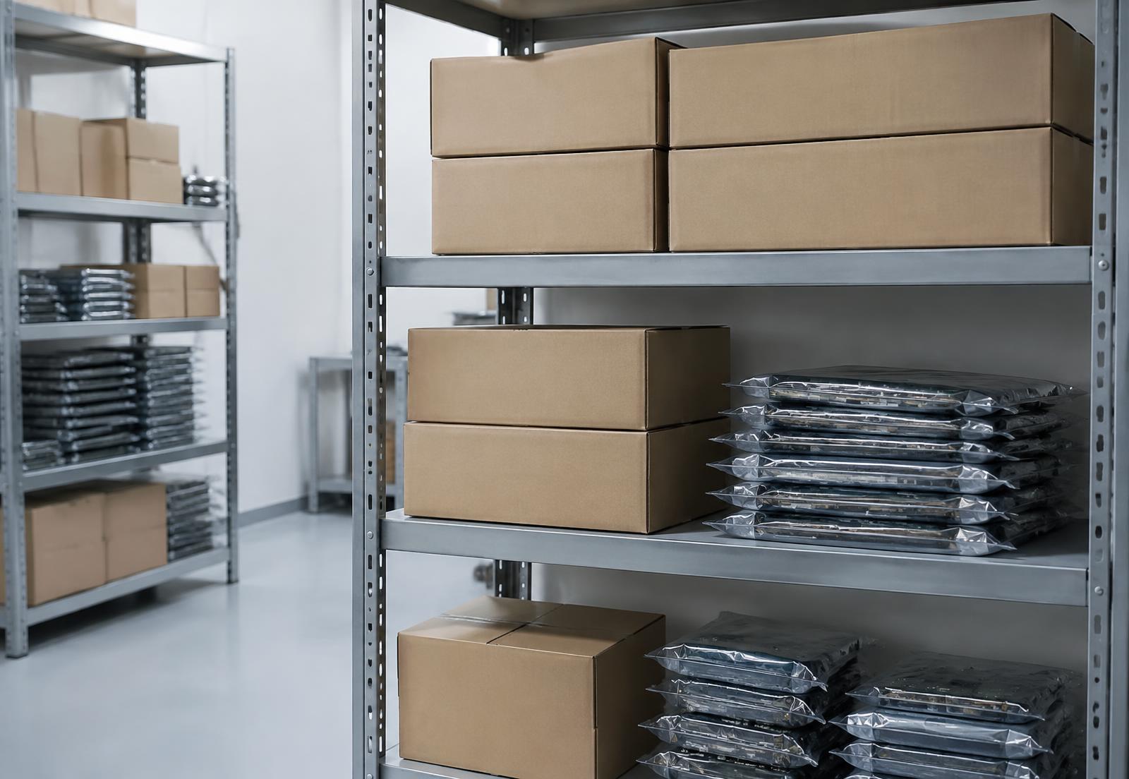 Boxed IT stock on warehouse shelving
